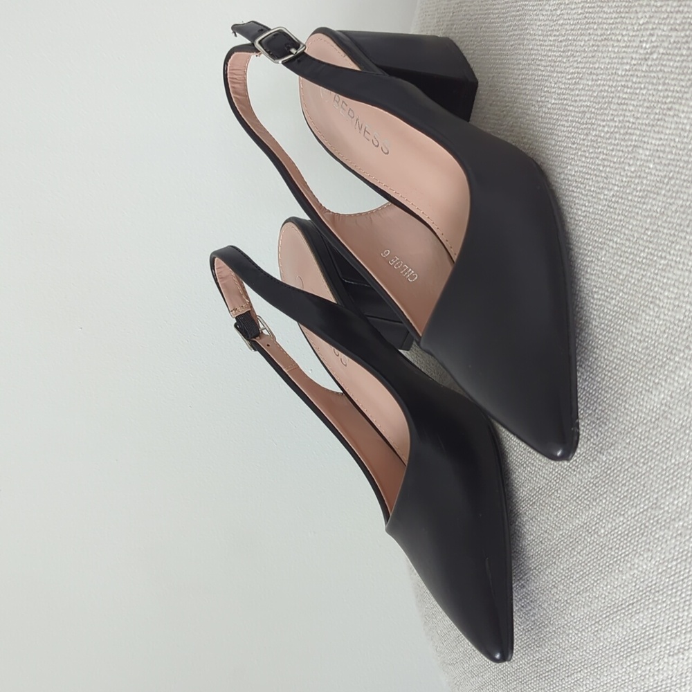 Black Faux Leather Slingback Block Heels Women 6